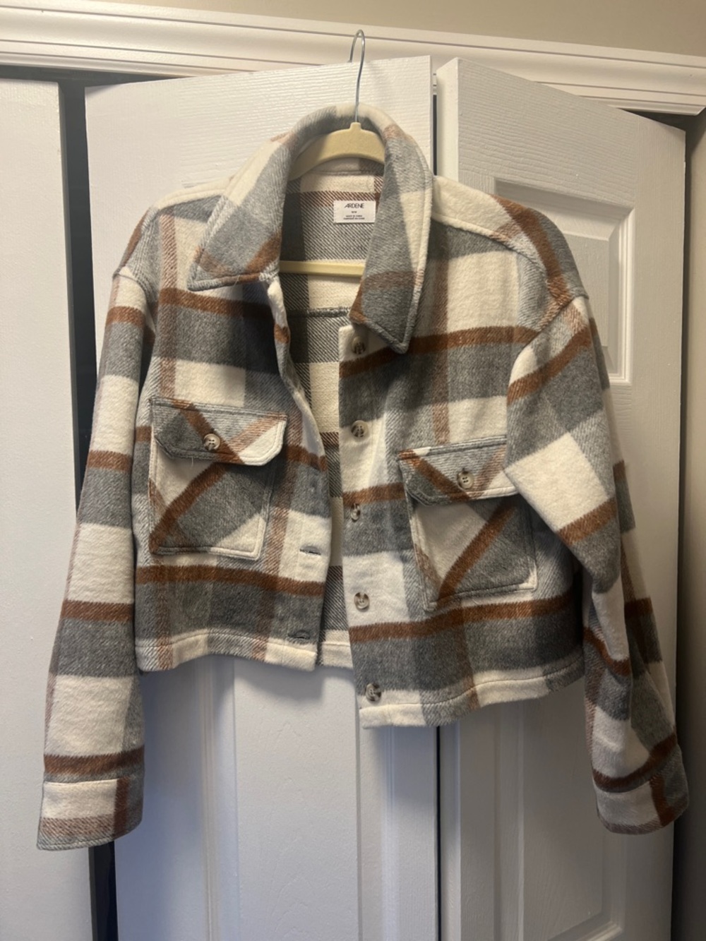 Ardene Plaid Shacket in Cream, Gray & Brown